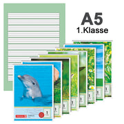 BRUNNEN Schulblock A5 · Kontrast-Lineatur 1 · farbig hinterlegt · 1. Klasse