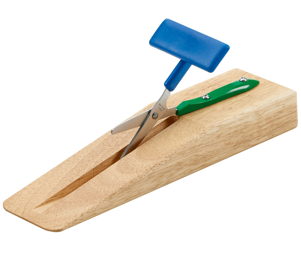 Einhaender-Tischschere-selbstoeffnend-rund-auf-Holzsockel-PETA-PTT-1-WB-lafueliki