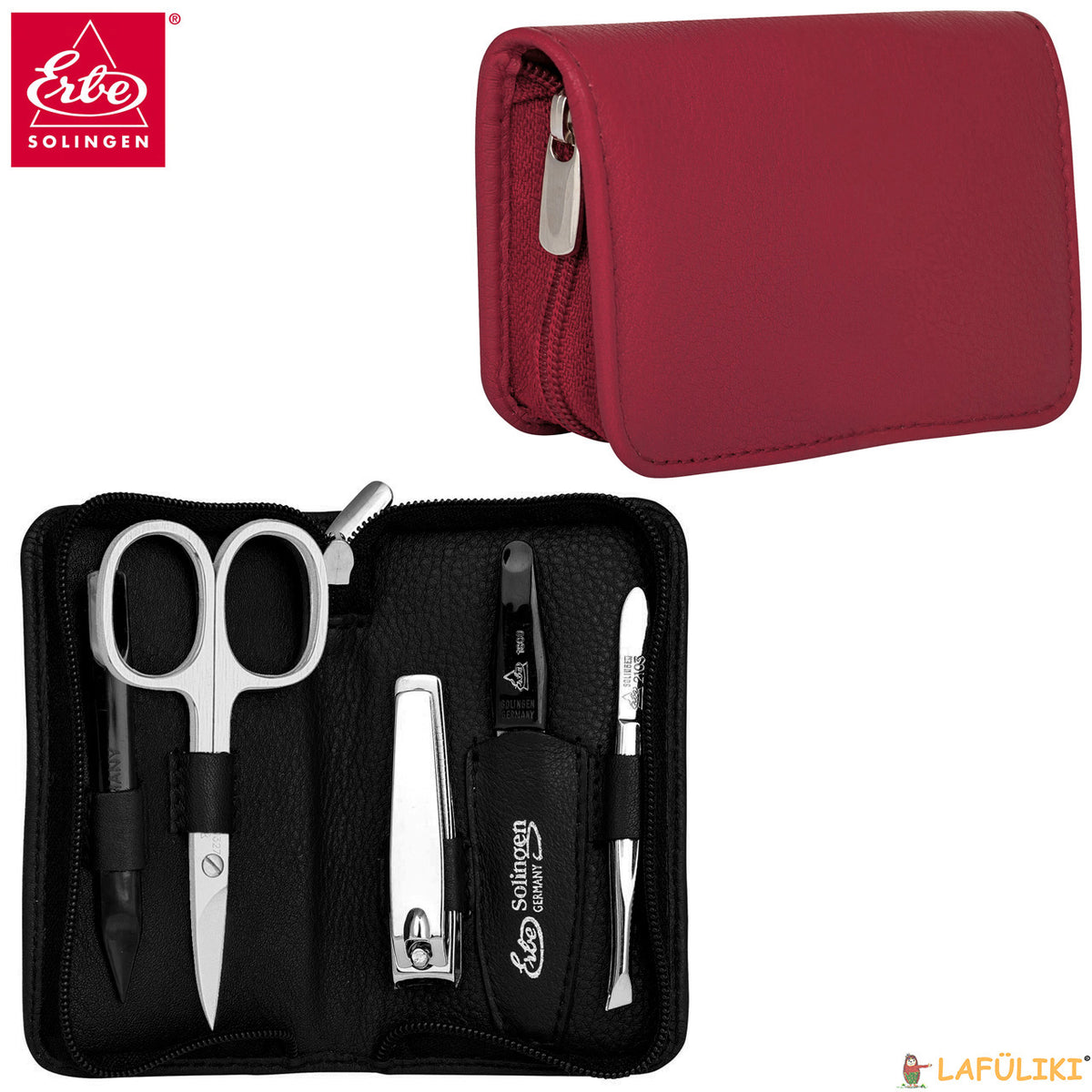 Erbe-Manikuere-Set-Siena-schwarz-rot-5tlg-Linkshaender-Reissverschluss-lafueliki