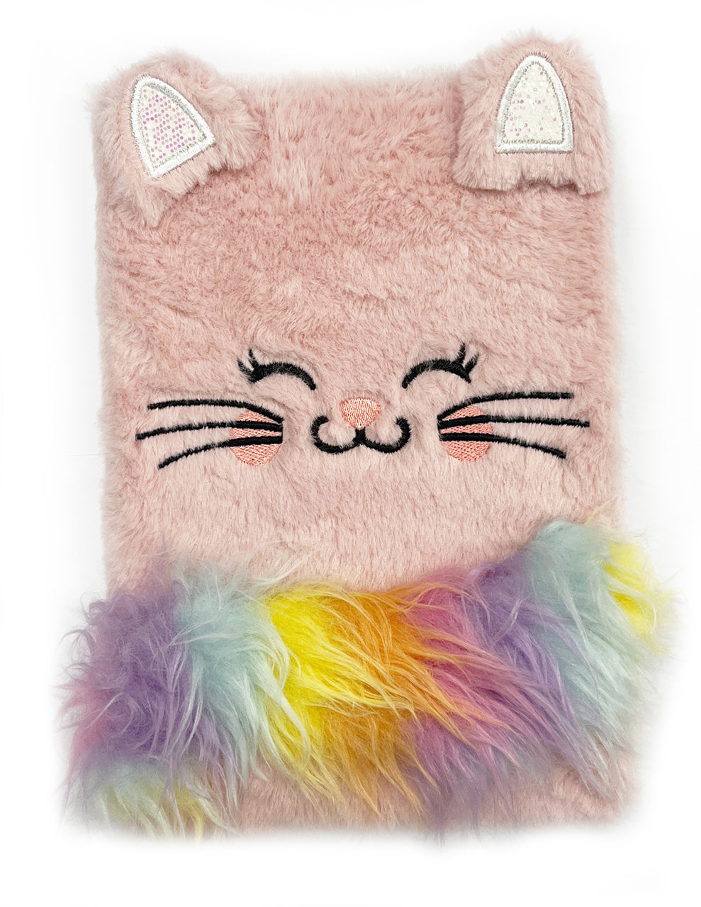 Flauschiges-Notizbuch-A5-Katze-rosa-regenbogen-31372-glitzer-Fellimitat-mit-Applikationen-kaufen-lafueliki