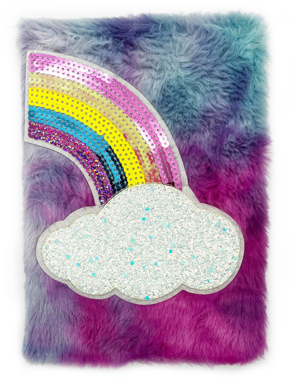 Flauschiges-Notizbuch-A5-regenbogen-lila-hellblau-31370-glitzer-Fellimitat-mit-Applikationen-kaufen-lafueliki