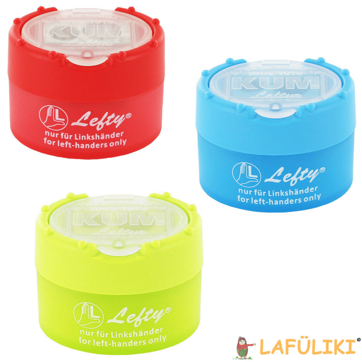 Spitzer für Linkshänder Click Clack in rot, hellblau und lemon