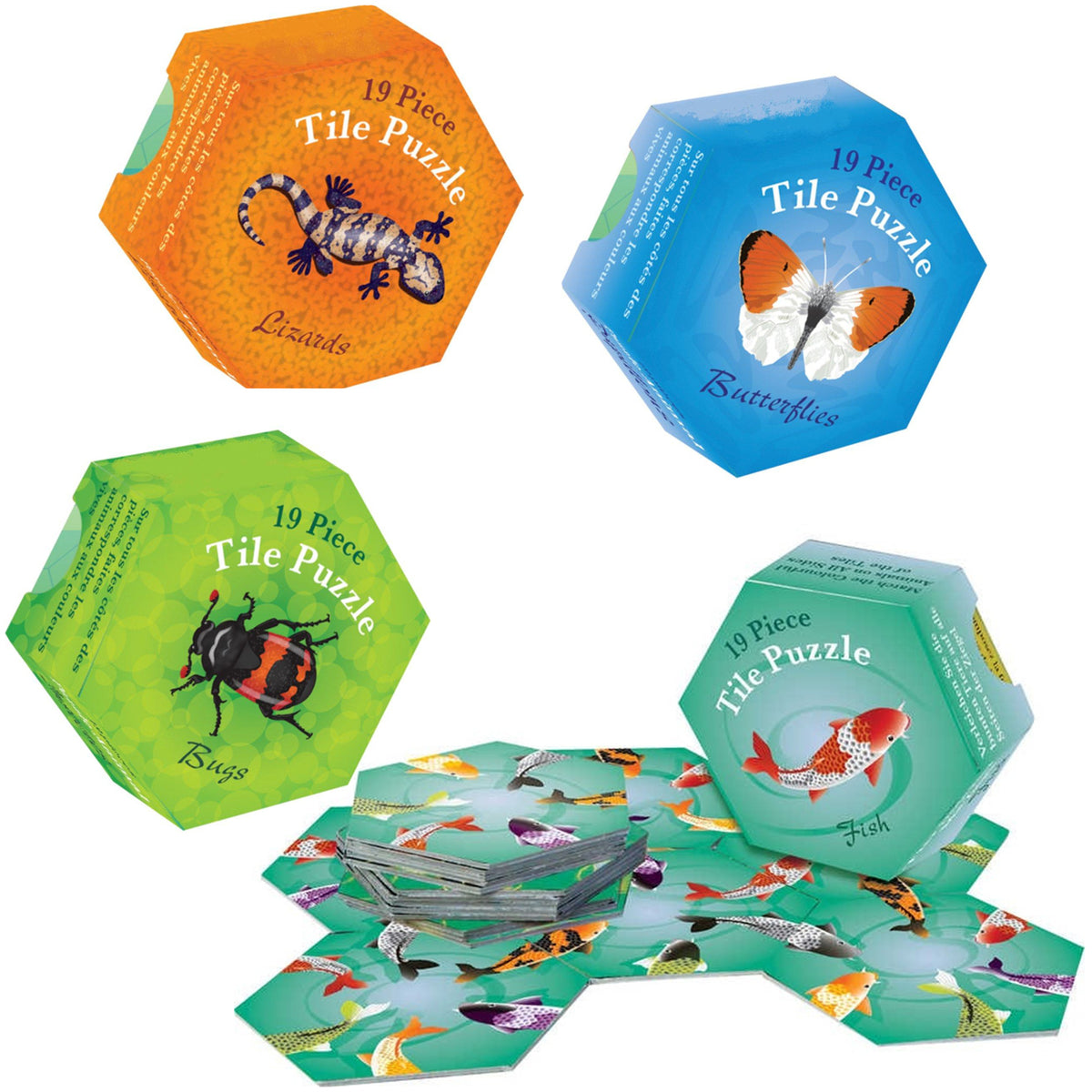 Logik-Hexagon-sechseck-Legepuzzle-19-Teile-Eidechse-Fisch-Schmetterling-Kaefer-lafueliki