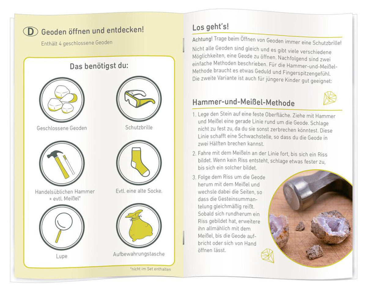 Moses-Verlag-Entdecker-Set-fuer-Kinder-4-Geoden-zum-aufbrechen-9833-EXPEDITON-NATUR-anleitung-offen-lafueliki