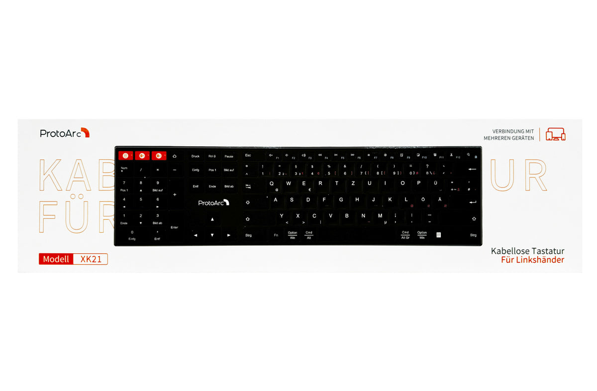 ProtoArc-Linkshaender-Tastatur-XK21-DE-kabellose-Bluetooth-USB-lefthand-schwarz-QWERTZ-Deutsch-ovp-linkshander-lafueliki